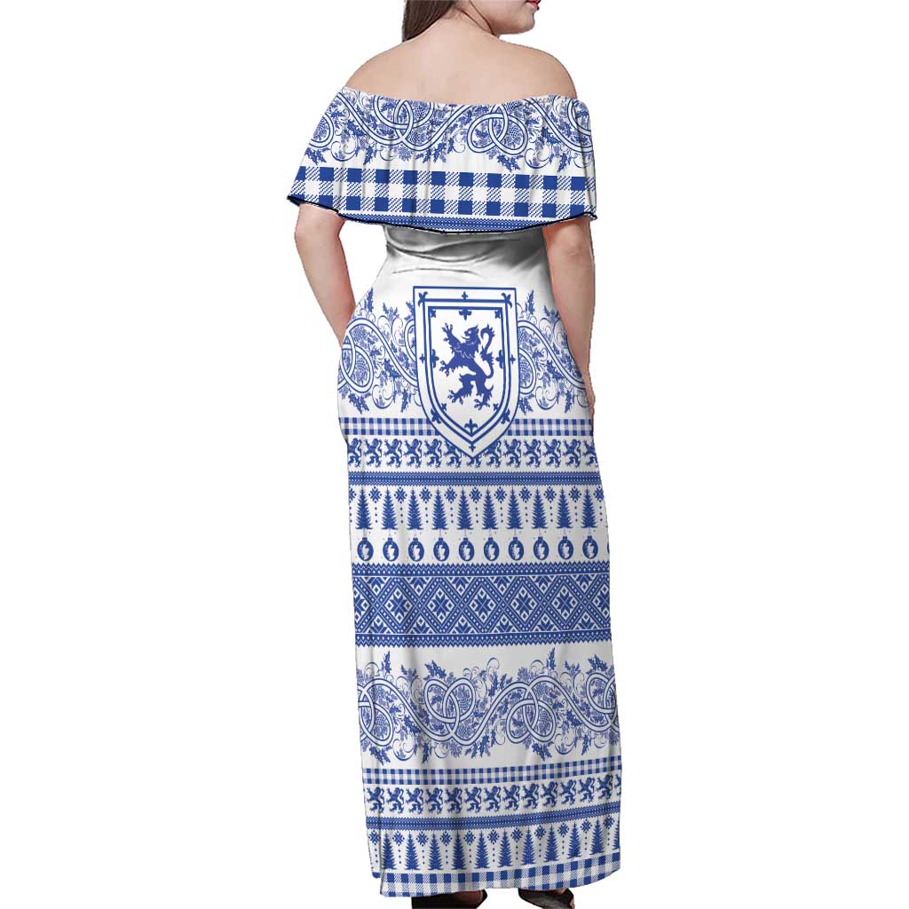 Scottish Christmas Family Matching Off Shoulder Maxi Dress and Hawaiian Shirt Scotland Thistle and Celtic Knot White-Blue Color - Wonder Print Shop