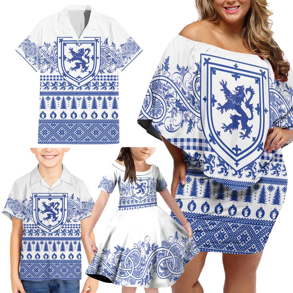 Scottish Christmas Family Matching Off Shoulder Short Dress and Hawaiian Shirt Scotland Thistle and Celtic Knot White-Blue Color - Wonder Print Shop