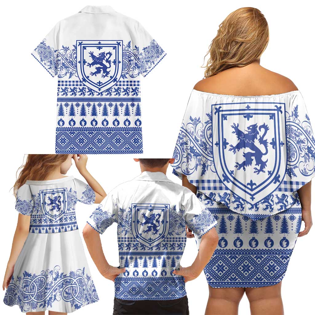 Scottish Christmas Family Matching Off Shoulder Short Dress and Hawaiian Shirt Scotland Thistle and Celtic Knot White-Blue Color - Wonder Print Shop