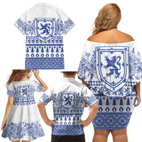 Scottish Christmas Family Matching Off Shoulder Short Dress and Hawaiian Shirt Scotland Thistle and Celtic Knot White-Blue Color - Wonder Print Shop