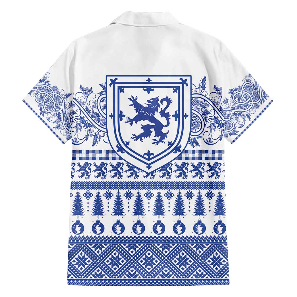 Scottish Christmas Family Matching Off Shoulder Short Dress and Hawaiian Shirt Scotland Thistle and Celtic Knot White-Blue Color - Wonder Print Shop