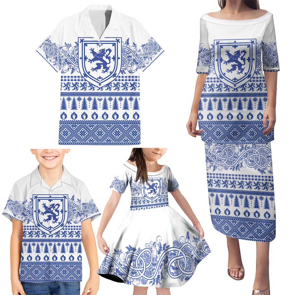 Scottish Christmas Family Matching Puletasi and Hawaiian Shirt Scotland Thistle and Celtic Knot White-Blue Color - Wonder Print Shop