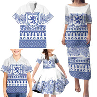 Scottish Christmas Family Matching Puletasi and Hawaiian Shirt Scotland Thistle and Celtic Knot White-Blue Color - Wonder Print Shop