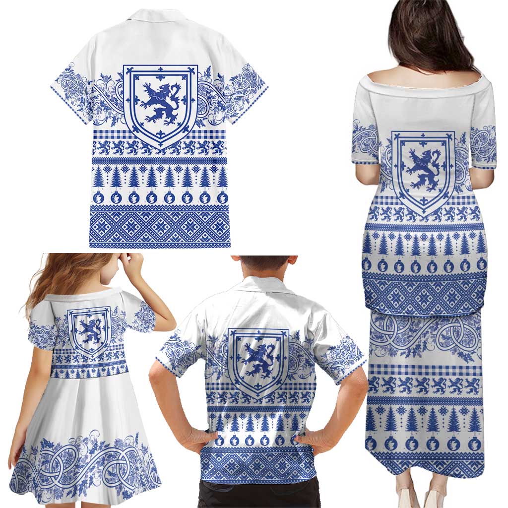 Scottish Christmas Family Matching Puletasi and Hawaiian Shirt Scotland Thistle and Celtic Knot White-Blue Color - Wonder Print Shop