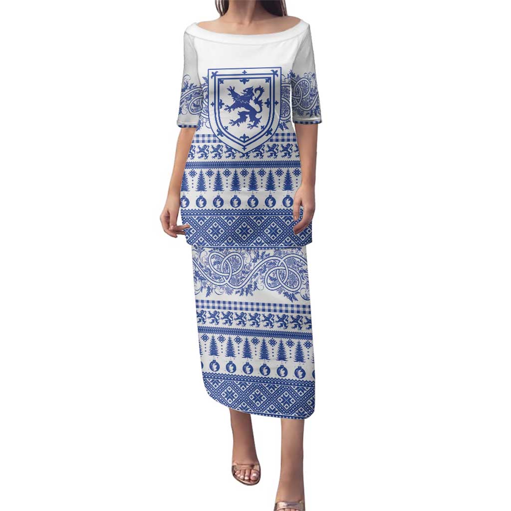 Scottish Christmas Family Matching Puletasi and Hawaiian Shirt Scotland Thistle and Celtic Knot White-Blue Color - Wonder Print Shop