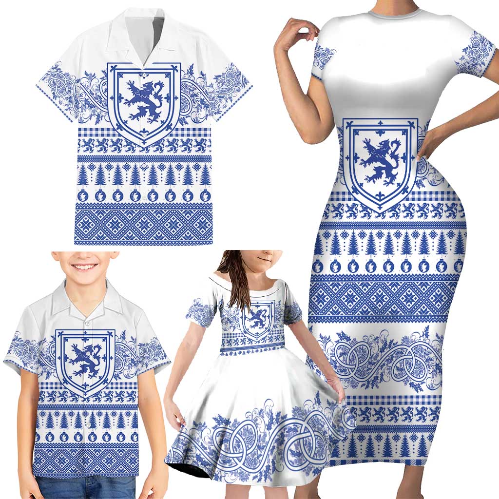 Scottish Christmas Family Matching Short Sleeve Bodycon Dress and Hawaiian Shirt Scotland Thistle and Celtic Knot White-Blue Color - Wonder Print Shop