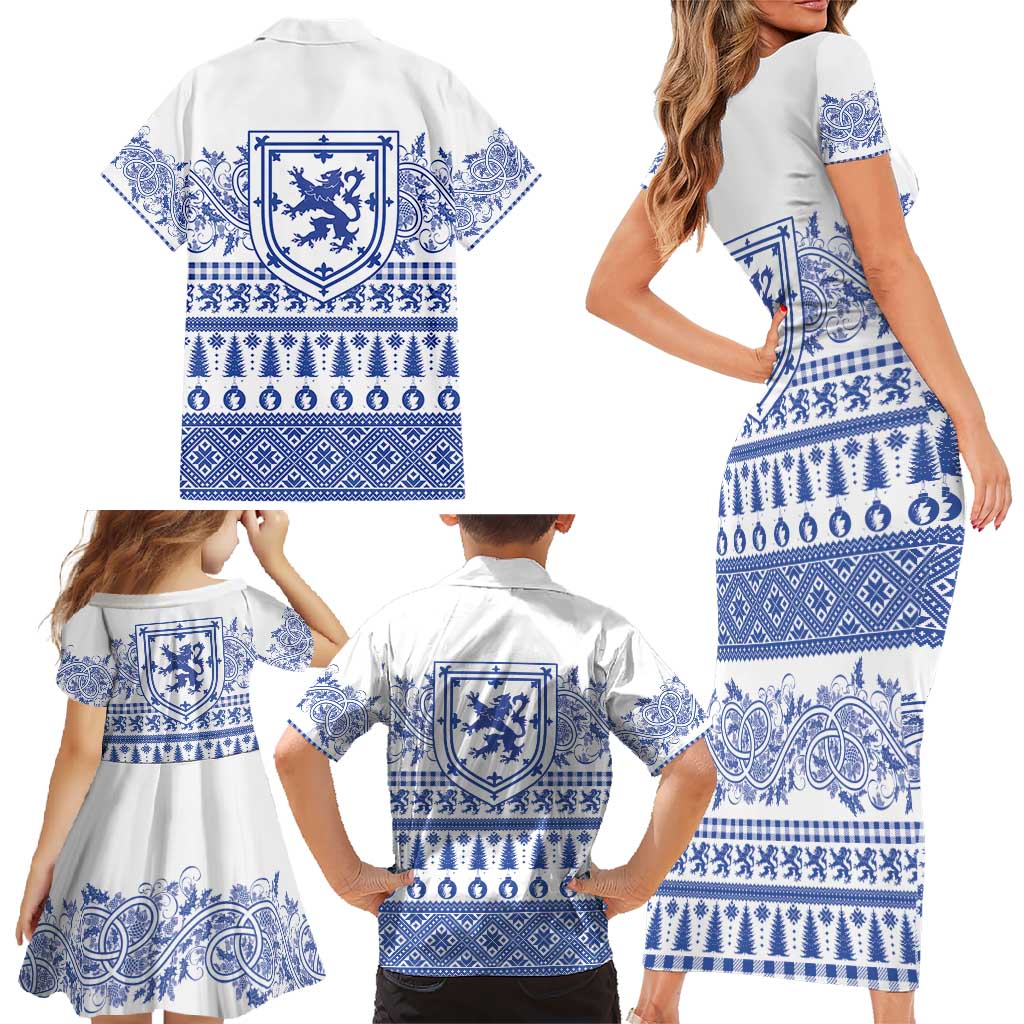 Scottish Christmas Family Matching Short Sleeve Bodycon Dress and Hawaiian Shirt Scotland Thistle and Celtic Knot White-Blue Color - Wonder Print Shop