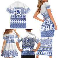 Scottish Christmas Family Matching Short Sleeve Bodycon Dress and Hawaiian Shirt Scotland Thistle and Celtic Knot White-Blue Color - Wonder Print Shop