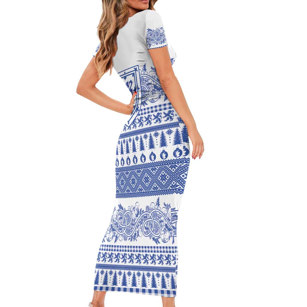 Scottish Christmas Family Matching Short Sleeve Bodycon Dress and Hawaiian Shirt Scotland Thistle and Celtic Knot White-Blue Color - Wonder Print Shop