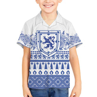 Scottish Christmas Family Matching Short Sleeve Bodycon Dress and Hawaiian Shirt Scotland Thistle and Celtic Knot White-Blue Color - Wonder Print Shop
