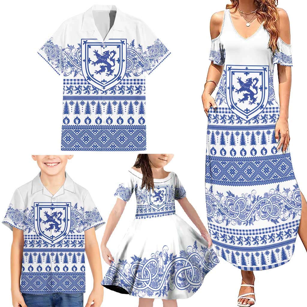 Scottish Christmas Family Matching Summer Maxi Dress and Hawaiian Shirt Scotland Thistle and Celtic Knot White-Blue Color - Wonder Print Shop