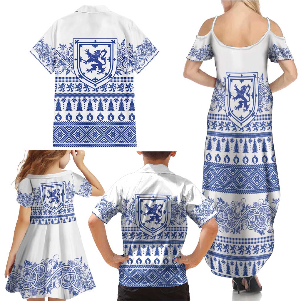 Scottish Christmas Family Matching Summer Maxi Dress and Hawaiian Shirt Scotland Thistle and Celtic Knot White-Blue Color - Wonder Print Shop