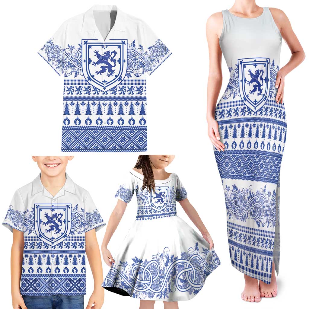Scottish Christmas Family Matching Tank Maxi Dress and Hawaiian Shirt Scotland Thistle and Celtic Knot White-Blue Color - Wonder Print Shop