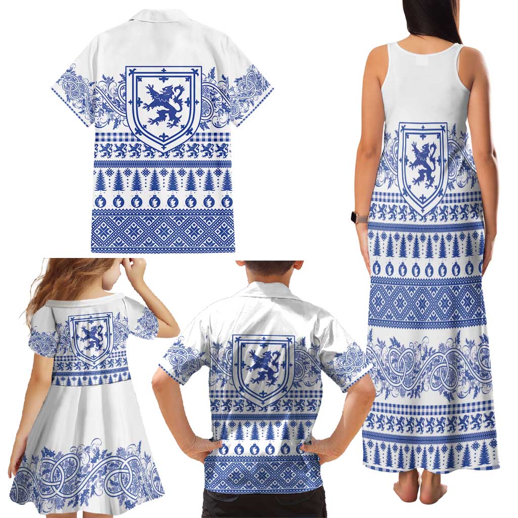 Scottish Christmas Family Matching Tank Maxi Dress and Hawaiian Shirt Scotland Thistle and Celtic Knot White-Blue Color - Wonder Print Shop