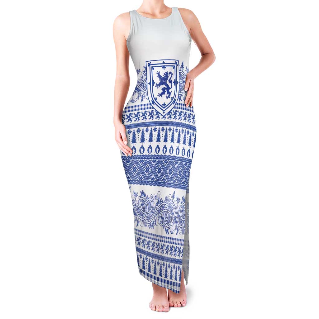 Scottish Christmas Family Matching Tank Maxi Dress and Hawaiian Shirt Scotland Thistle and Celtic Knot White-Blue Color - Wonder Print Shop