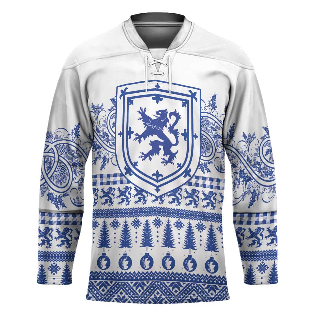 Scottish Christmas Hockey Jersey Scotland Thistle and Celtic Knot White-Blue Color - Wonder Print Shop