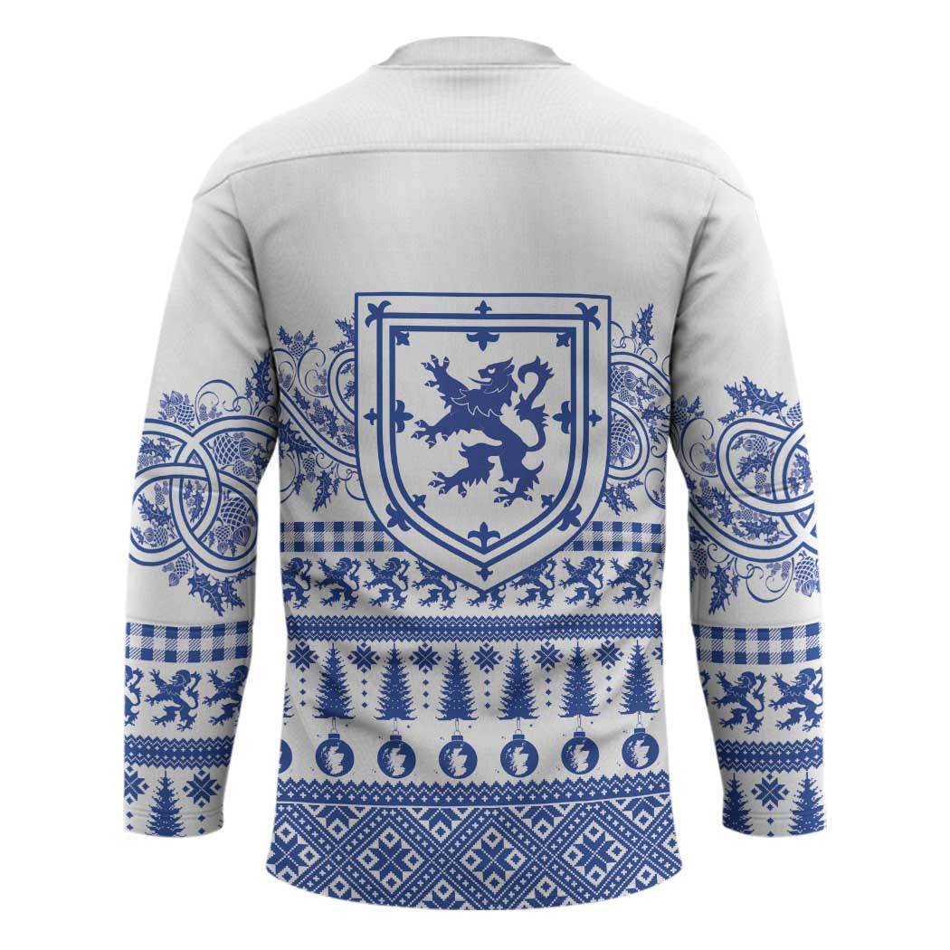 Scottish Christmas Hockey Jersey Scotland Thistle and Celtic Knot White-Blue Color - Wonder Print Shop