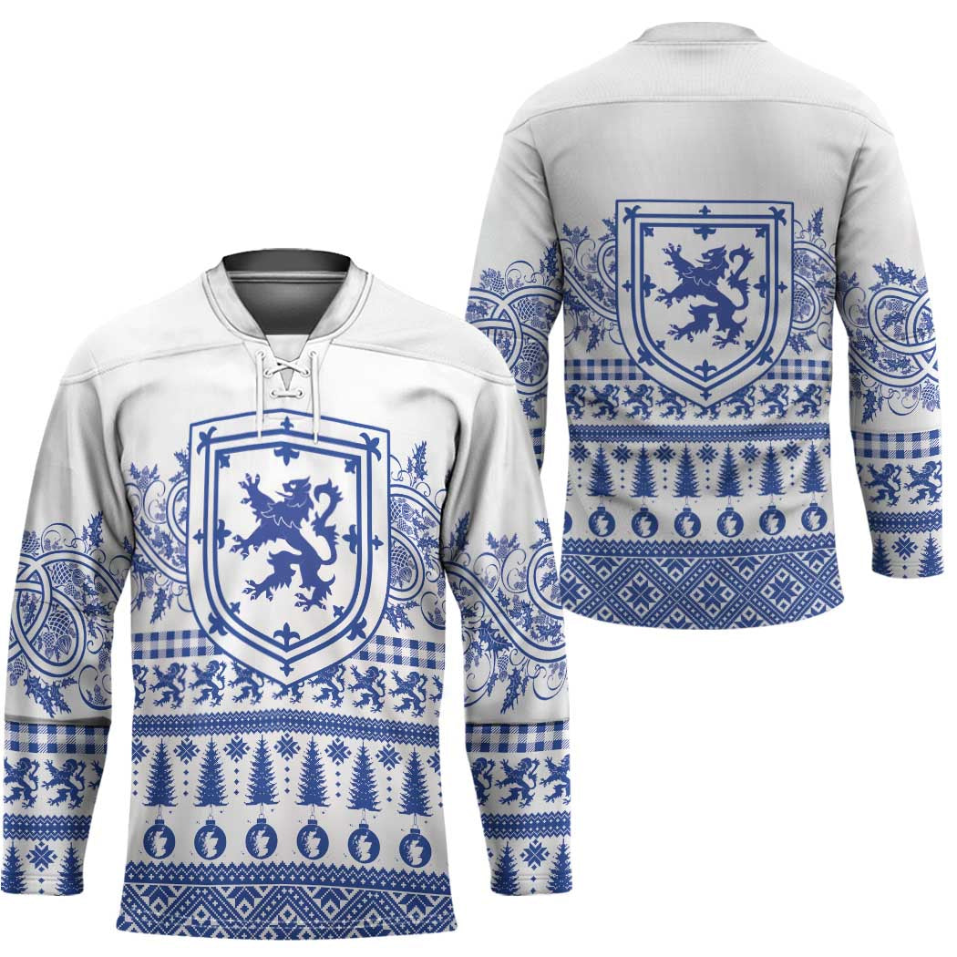 Scottish Christmas Hockey Jersey Scotland Thistle and Celtic Knot White-Blue Color - Wonder Print Shop
