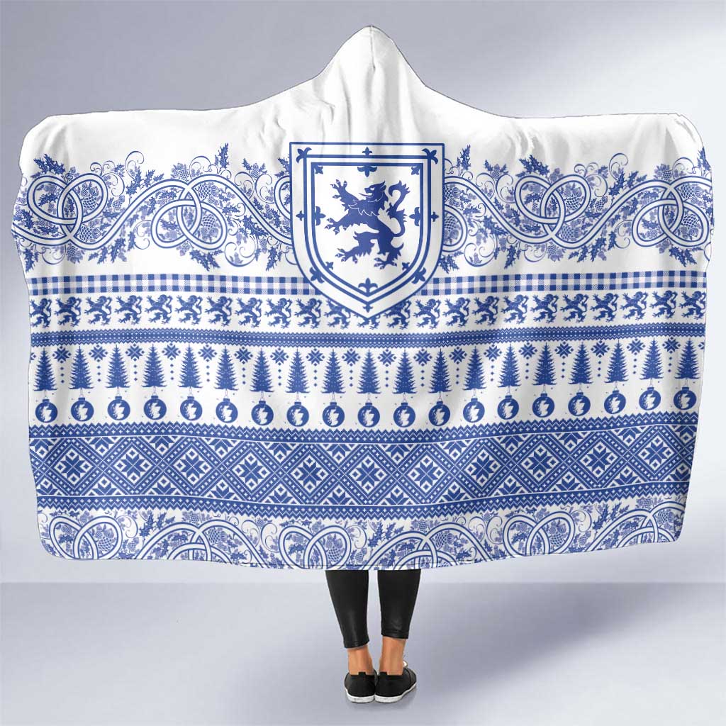 Scottish Christmas Hooded Blanket Scotland Thistle and Celtic Knot White-Blue Color - Wonder Print Shop