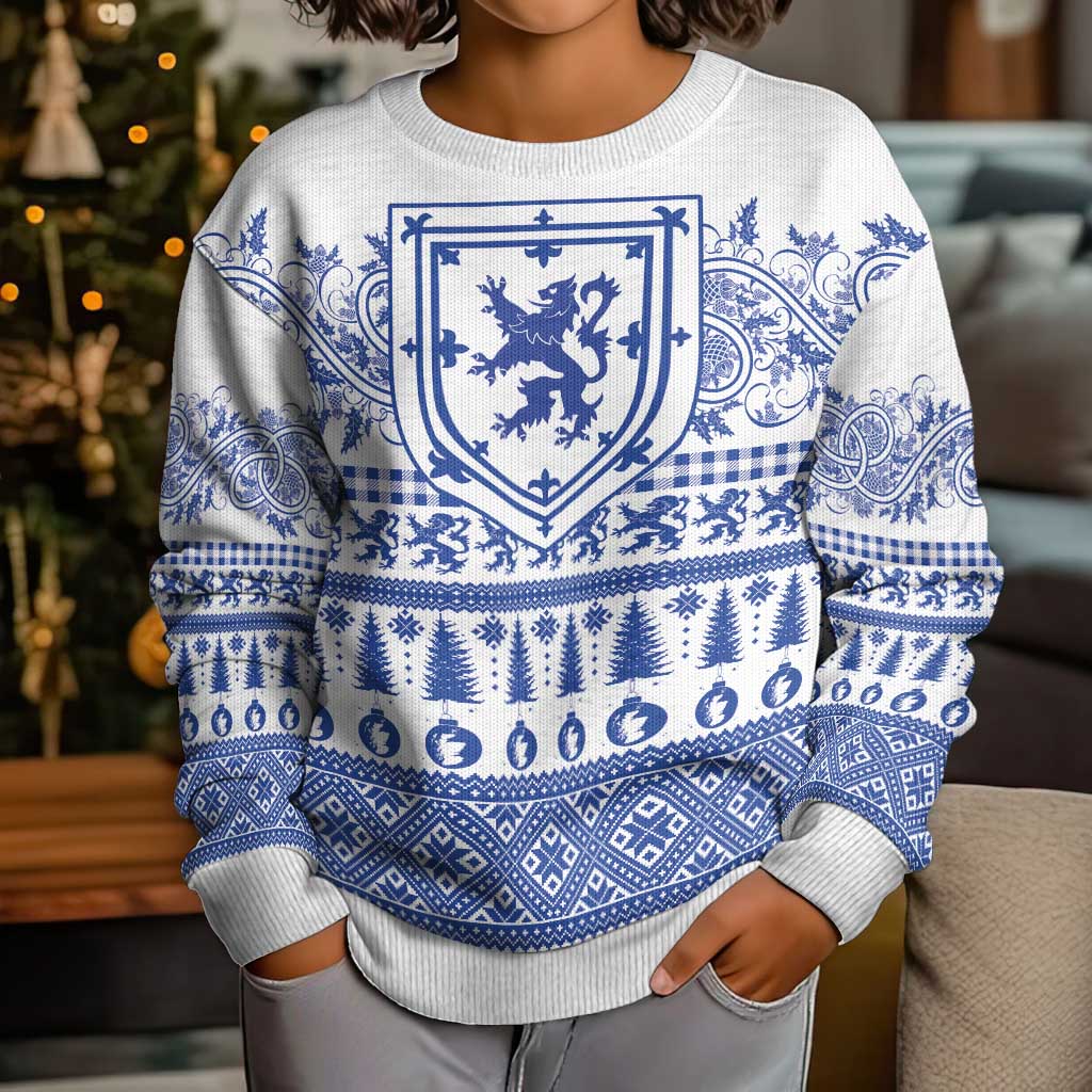 Scottish Christmas Kid Ugly Christmas Sweater Scotland Thistle and Celtic Knot White-Blue Color - Wonder Print Shop