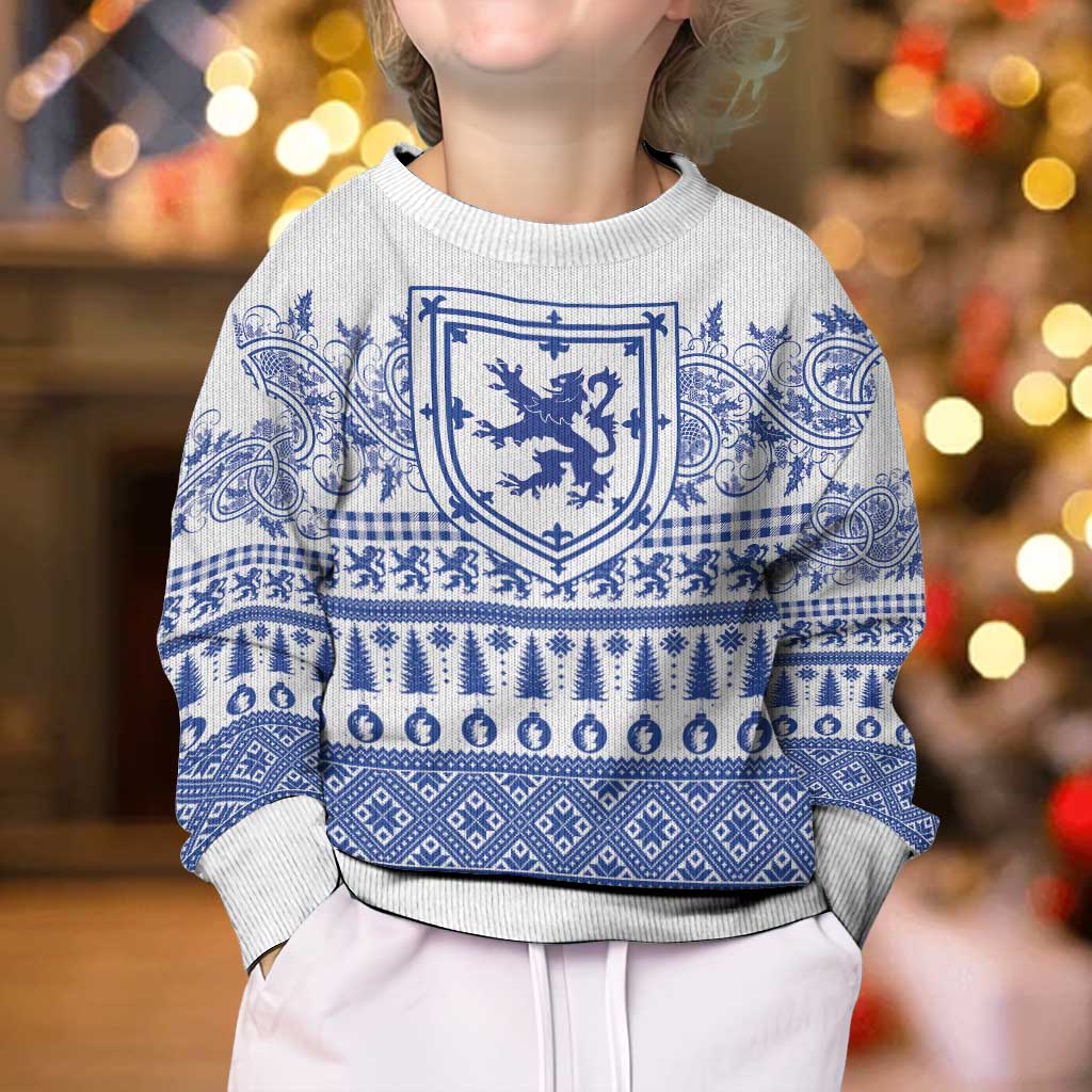 Scottish Christmas Kid Ugly Christmas Sweater Scotland Thistle and Celtic Knot White-Blue Color - Wonder Print Shop