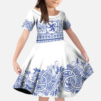 Scottish Christmas Kid Short Sleeve Dress Scotland Thistle and Celtic Knot White-Blue Color - Wonder Print Shop