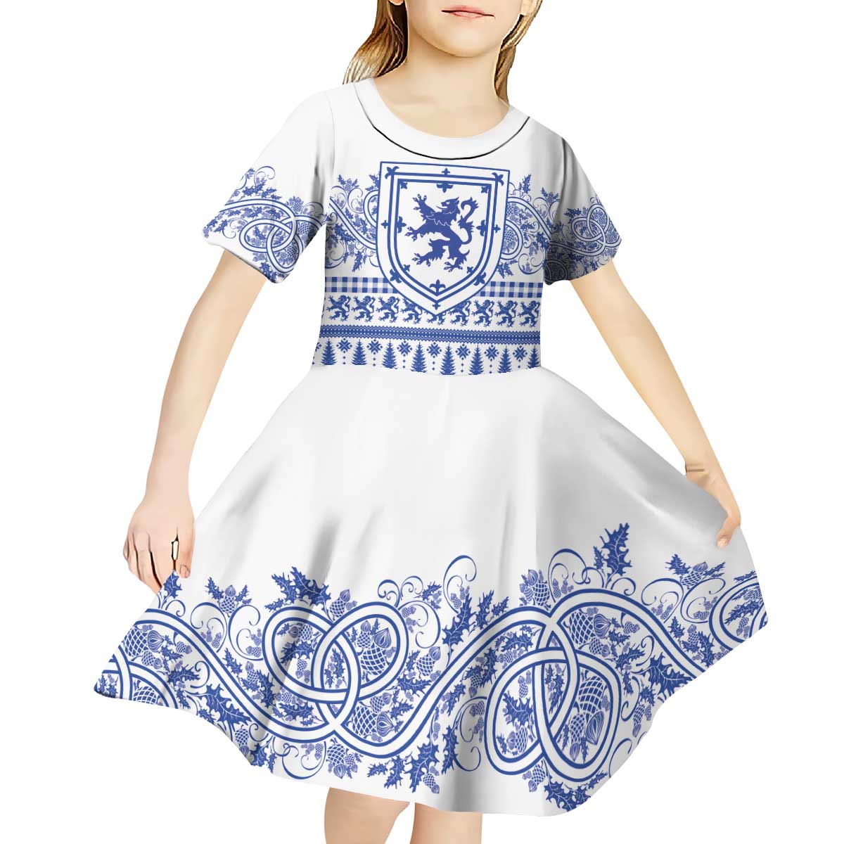 Scottish Christmas Kid Short Sleeve Dress Scotland Thistle and Celtic Knot White-Blue Color - Wonder Print Shop
