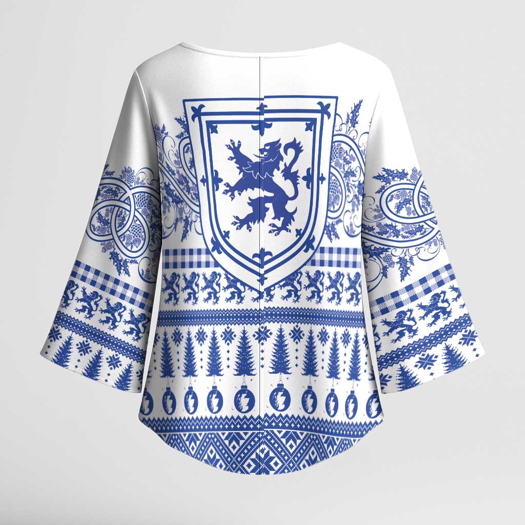 Scottish Christmas Kimono Sleeve Blouse Scotland Thistle and Celtic Knot White-Blue Color - Wonder Print Shop
