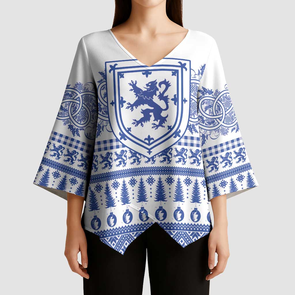 Scottish Christmas Kimono Sleeve Blouse Scotland Thistle and Celtic Knot White-Blue Color - Wonder Print Shop