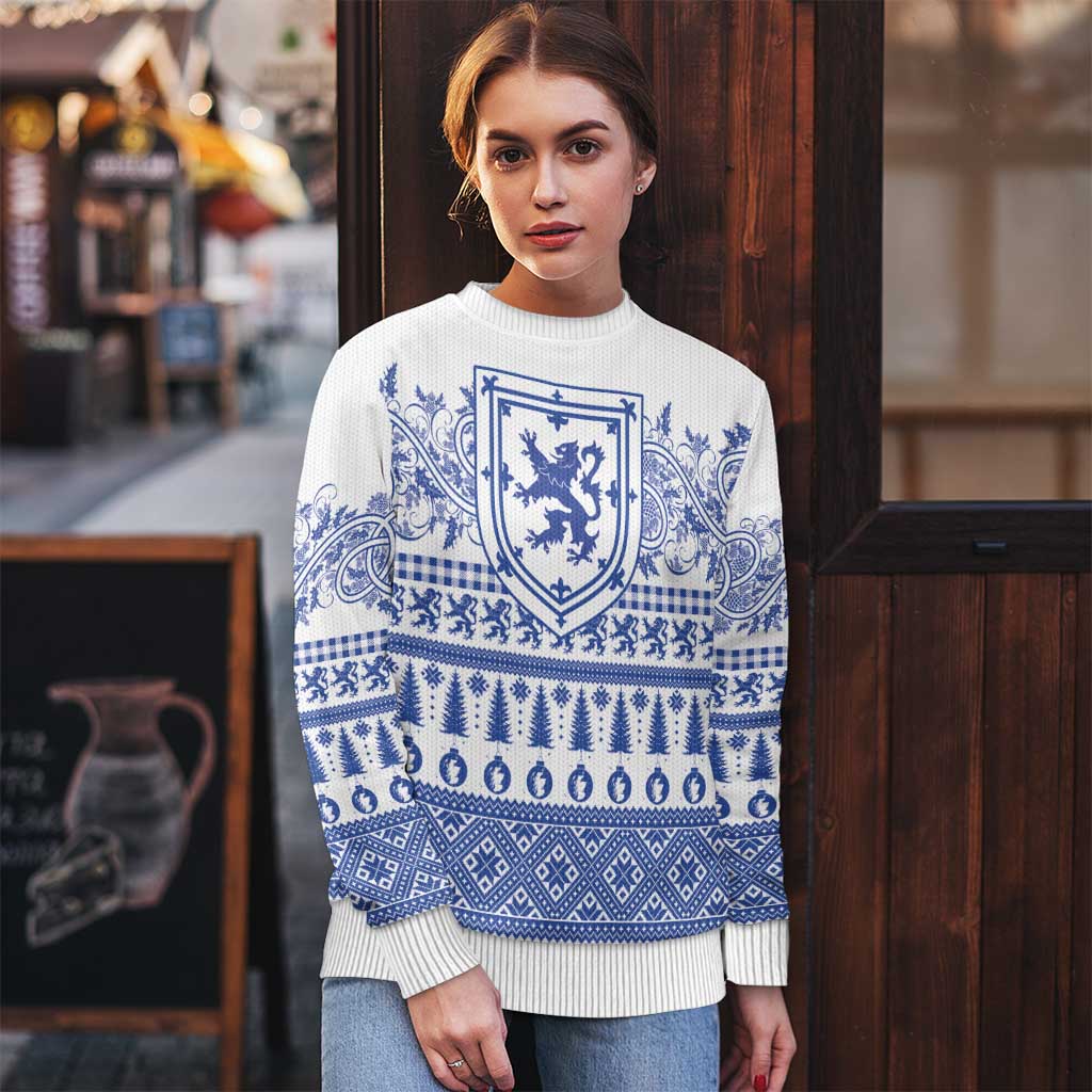 Scottish Christmas Ugly Christmas Sweater Scotland Thistle and Celtic Knot White-Blue Color - Wonder Print Shop