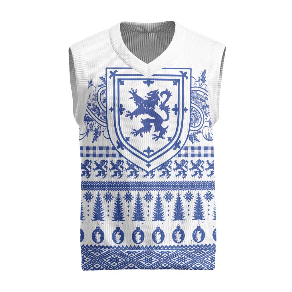 Scottish Christmas Knitted V-Neck Vest Scotland Thistle and Celtic Knot White-Blue Color - Wonder Print Shop