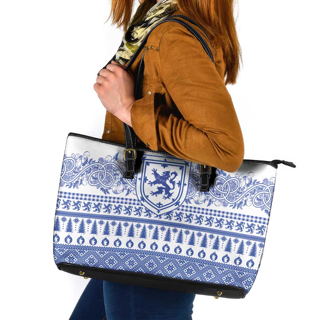 Scottish Christmas Leather Tote Bag Scotland Thistle and Celtic Knot White-Blue Color - Wonder Print Shop