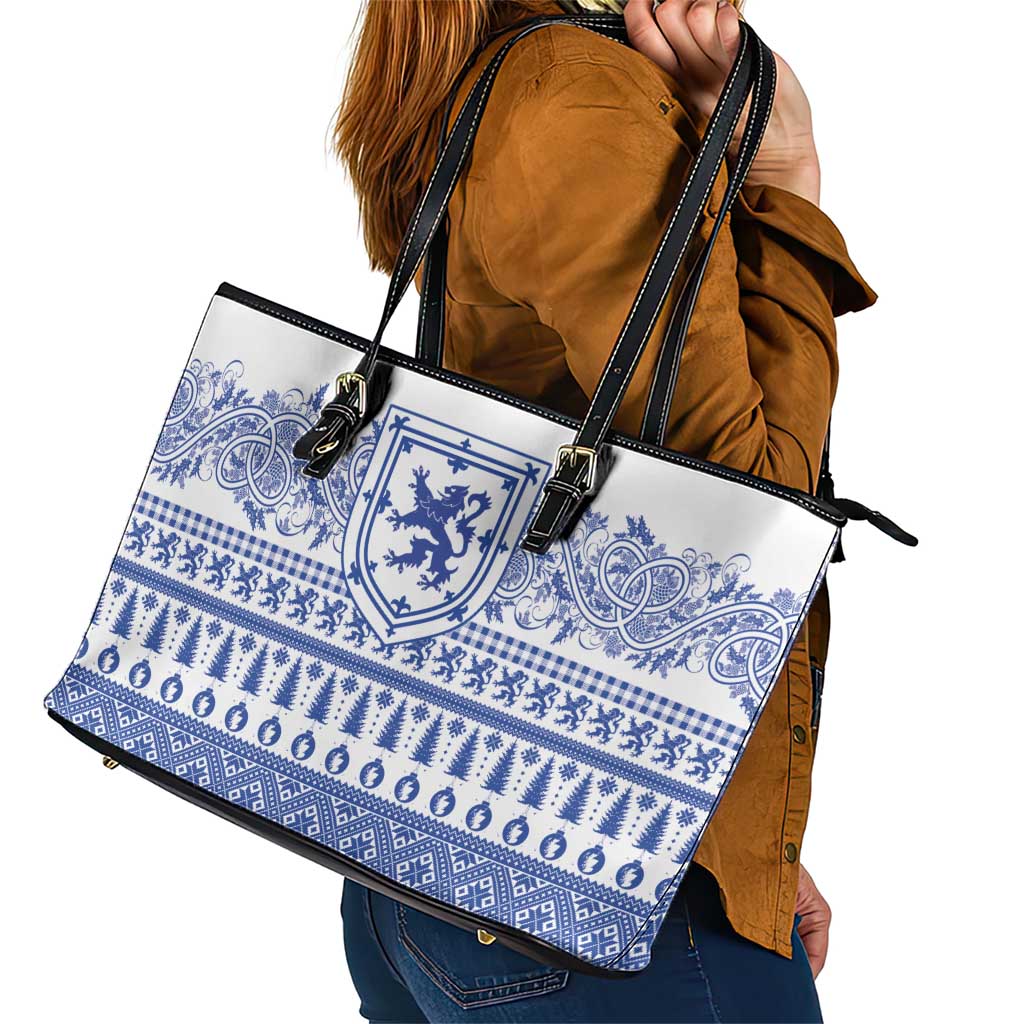 Scottish Christmas Leather Tote Bag Scotland Thistle and Celtic Knot White-Blue Color - Wonder Print Shop