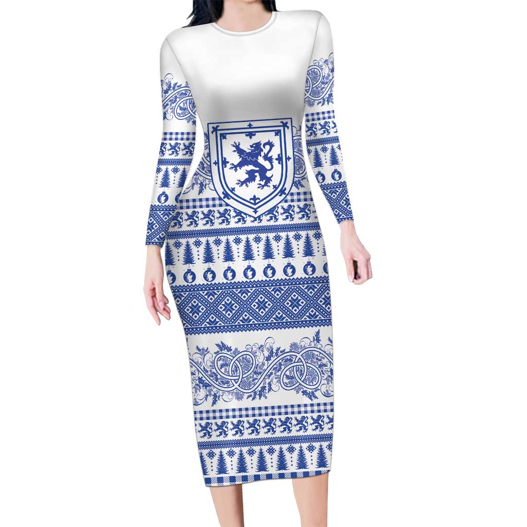 Scottish Christmas Long Sleeve Bodycon Dress Scotland Thistle and Celtic Knot White-Blue Color - Wonder Print Shop