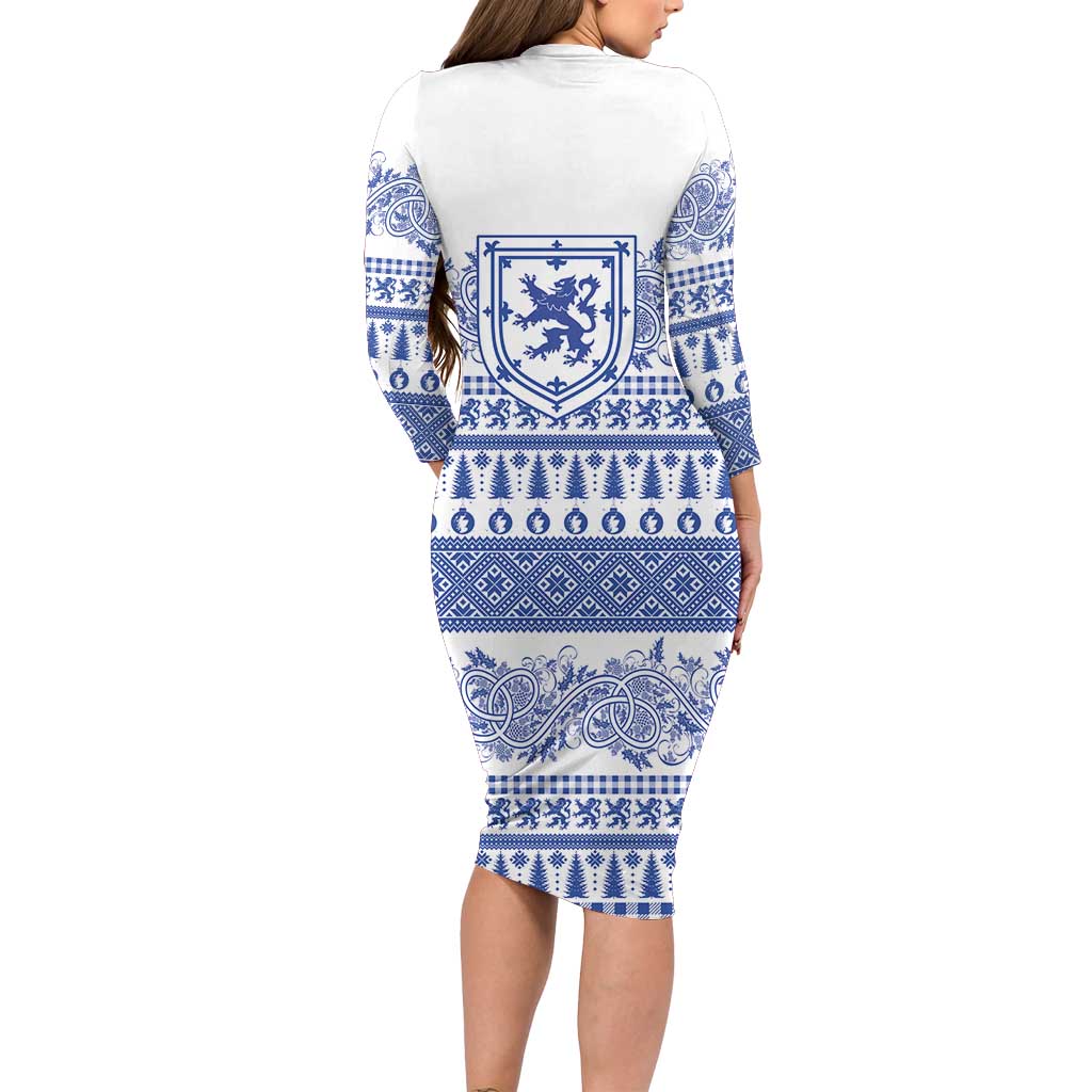 Scottish Christmas Long Sleeve Bodycon Dress Scotland Thistle and Celtic Knot White-Blue Color - Wonder Print Shop
