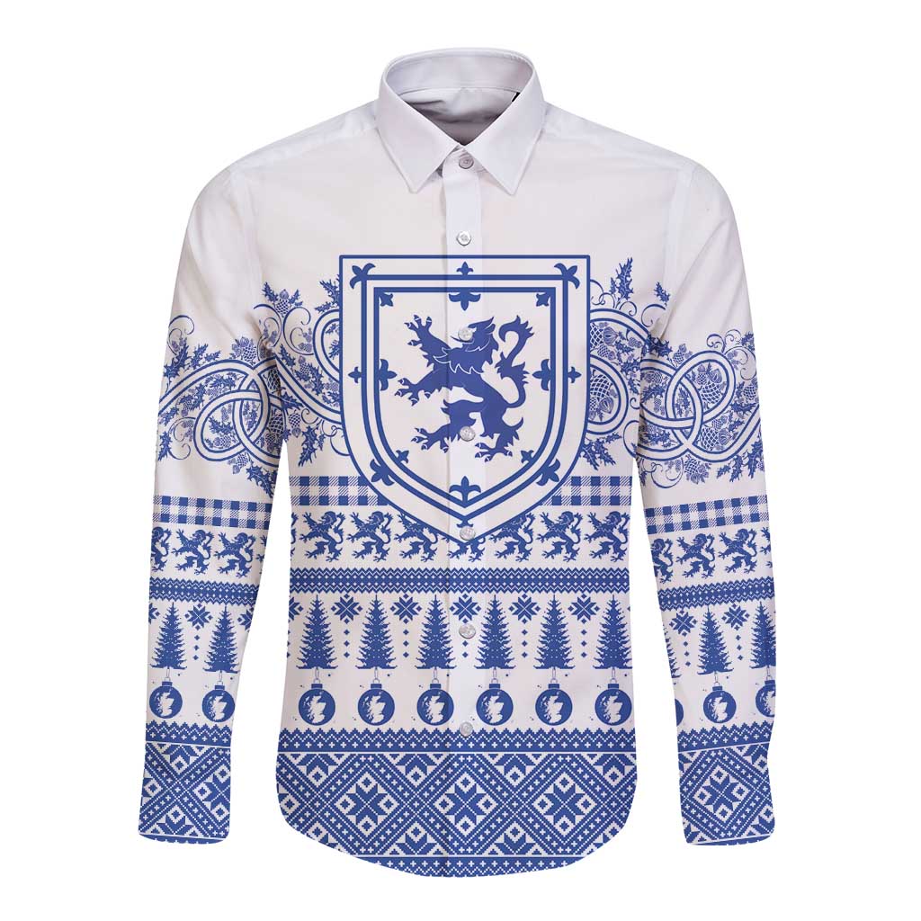 Scottish Christmas Long Sleeve Button Shirt Scotland Thistle and Celtic Knot White-Blue Color - Wonder Print Shop