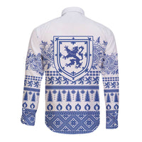 Scottish Christmas Long Sleeve Button Shirt Scotland Thistle and Celtic Knot White-Blue Color - Wonder Print Shop