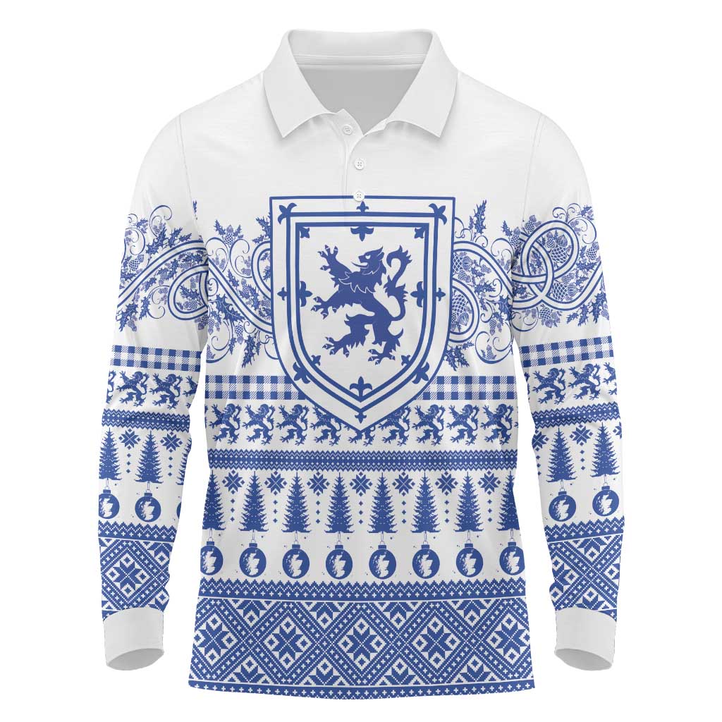 Scottish Christmas Long Sleeve Polo Shirt Scotland Thistle and Celtic Knot White-Blue Color - Wonder Print Shop