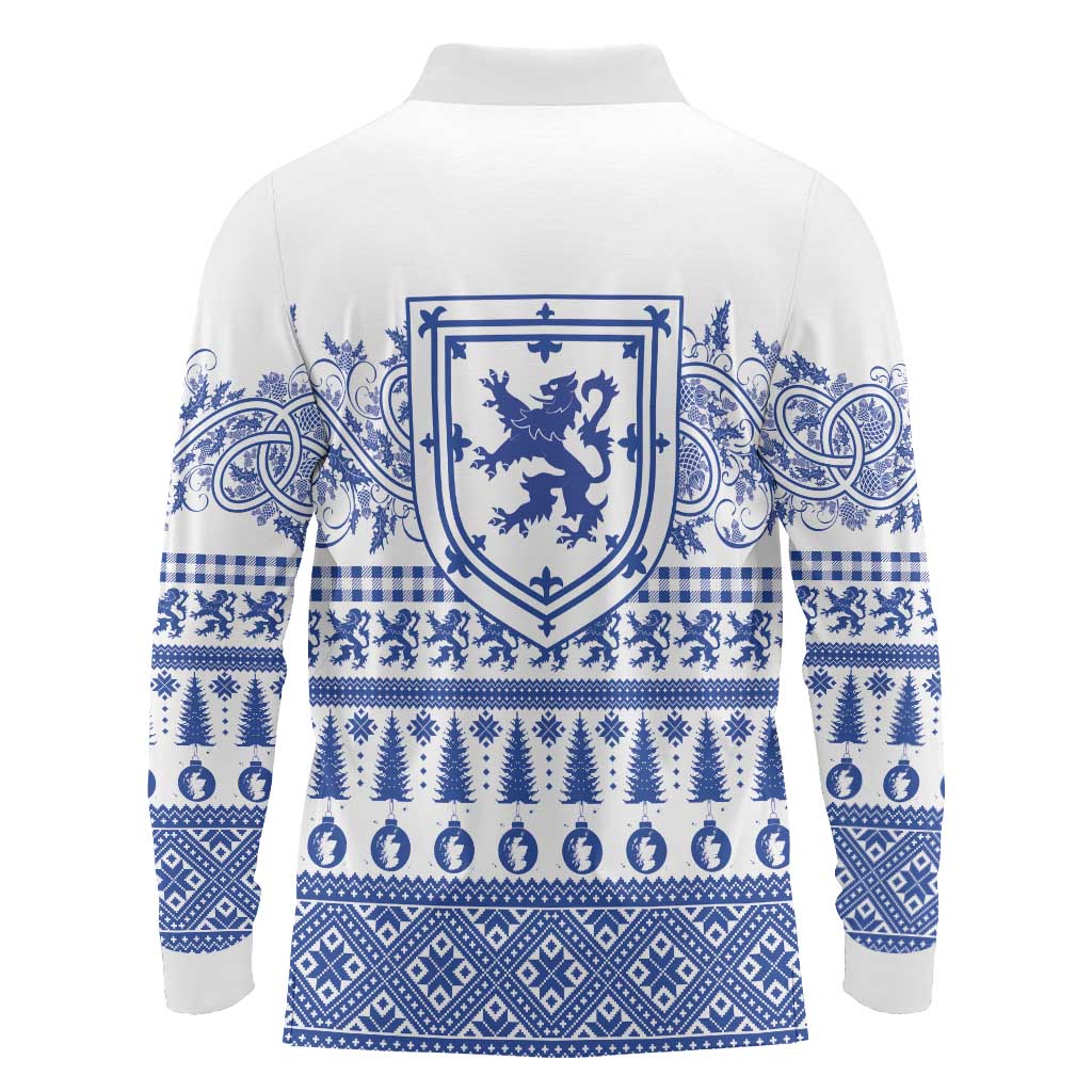 Scottish Christmas Long Sleeve Polo Shirt Scotland Thistle and Celtic Knot White-Blue Color - Wonder Print Shop