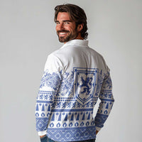 Scottish Christmas Long Sleeve Polo Shirt Scotland Thistle and Celtic Knot White-Blue Color - Wonder Print Shop