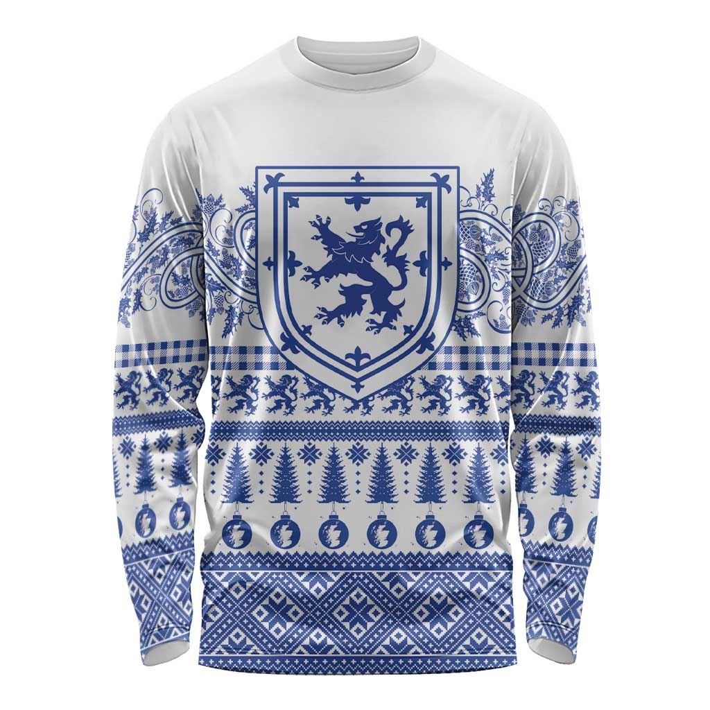 Scottish Christmas Long Sleeve Shirt Scotland Thistle and Celtic Knot White-Blue Color - Wonder Print Shop