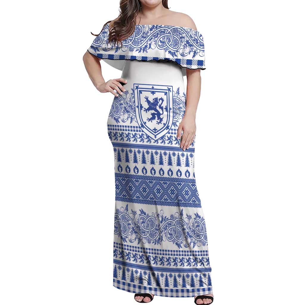 Scottish Christmas Off Shoulder Maxi Dress Scotland Thistle and Celtic Knot White-Blue Color - Wonder Print Shop
