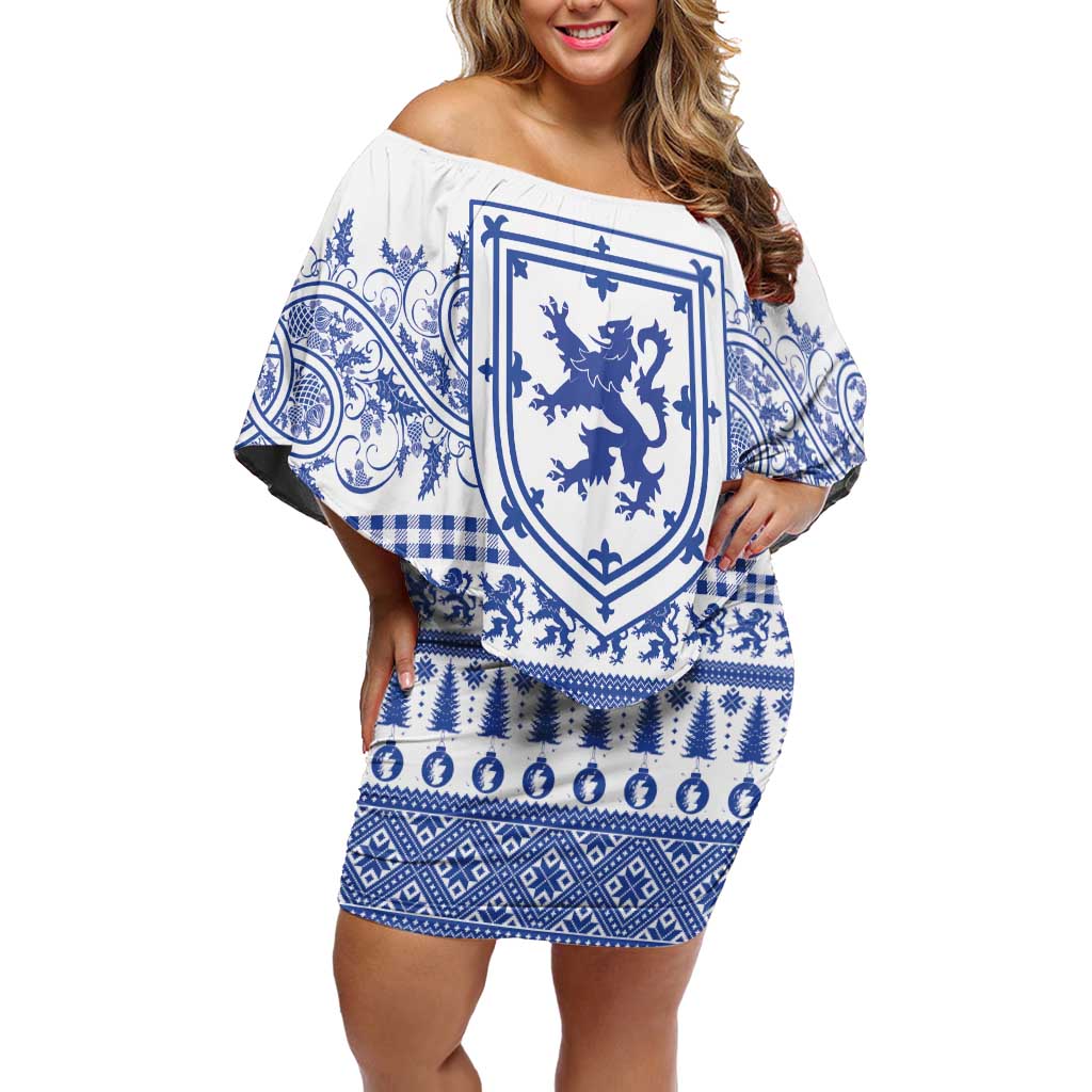 Scottish Christmas Off Shoulder Short Dress Scotland Thistle and Celtic Knot White-Blue Color - Wonder Print Shop