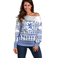 Scottish Christmas Off Shoulder Sweater Scotland Thistle and Celtic Knot White-Blue Color - Wonder Print Shop