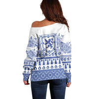 Scottish Christmas Off Shoulder Sweater Scotland Thistle and Celtic Knot White-Blue Color - Wonder Print Shop