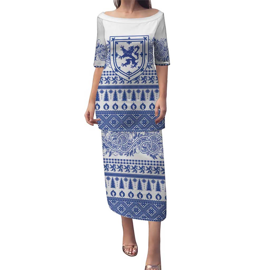 Scottish Christmas Puletasi Scotland Thistle and Celtic Knot White-Blue Color - Wonder Print Shop