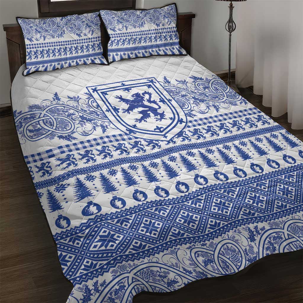 Scottish Christmas Quilt Bed Set Scotland Thistle and Celtic Knot White-Blue Color - Wonder Print Shop