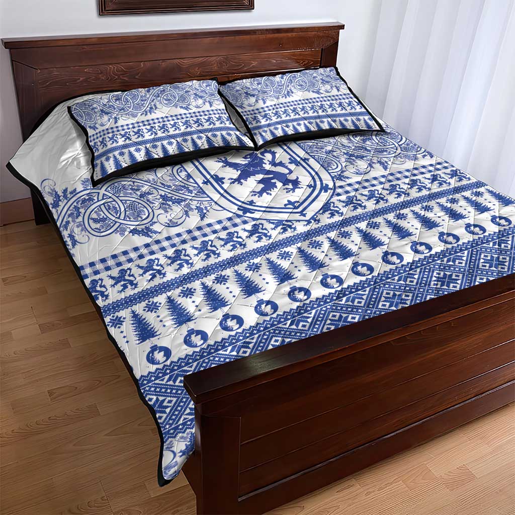 Scottish Christmas Quilt Bed Set Scotland Thistle and Celtic Knot White-Blue Color - Wonder Print Shop