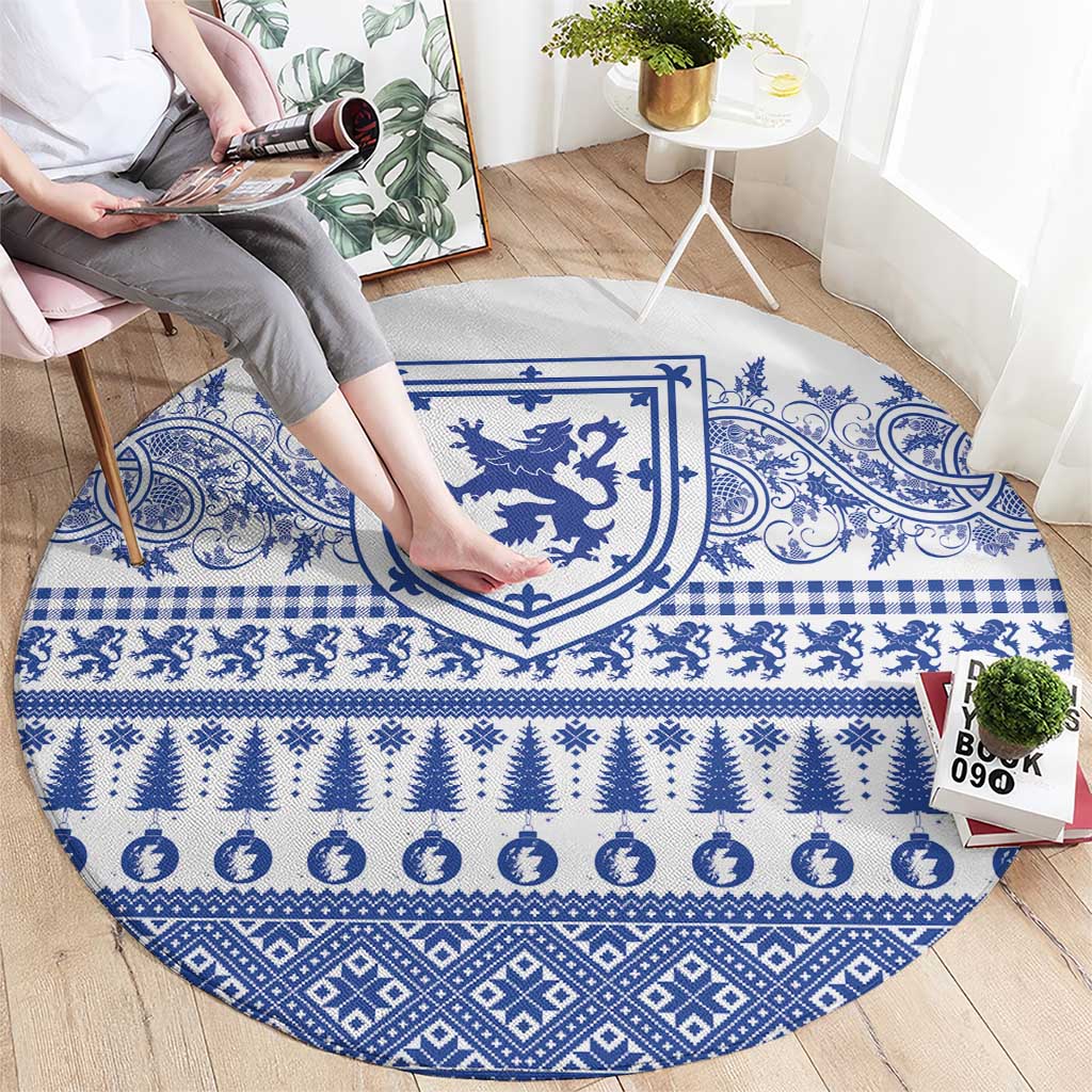 Scottish Christmas Round Carpet Scotland Thistle and Celtic Knot White-Blue Color - Wonder Print Shop