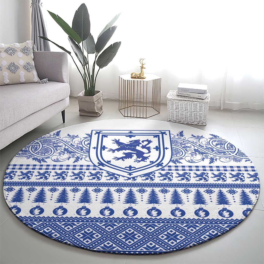 Scottish Christmas Round Carpet Scotland Thistle and Celtic Knot White-Blue Color - Wonder Print Shop